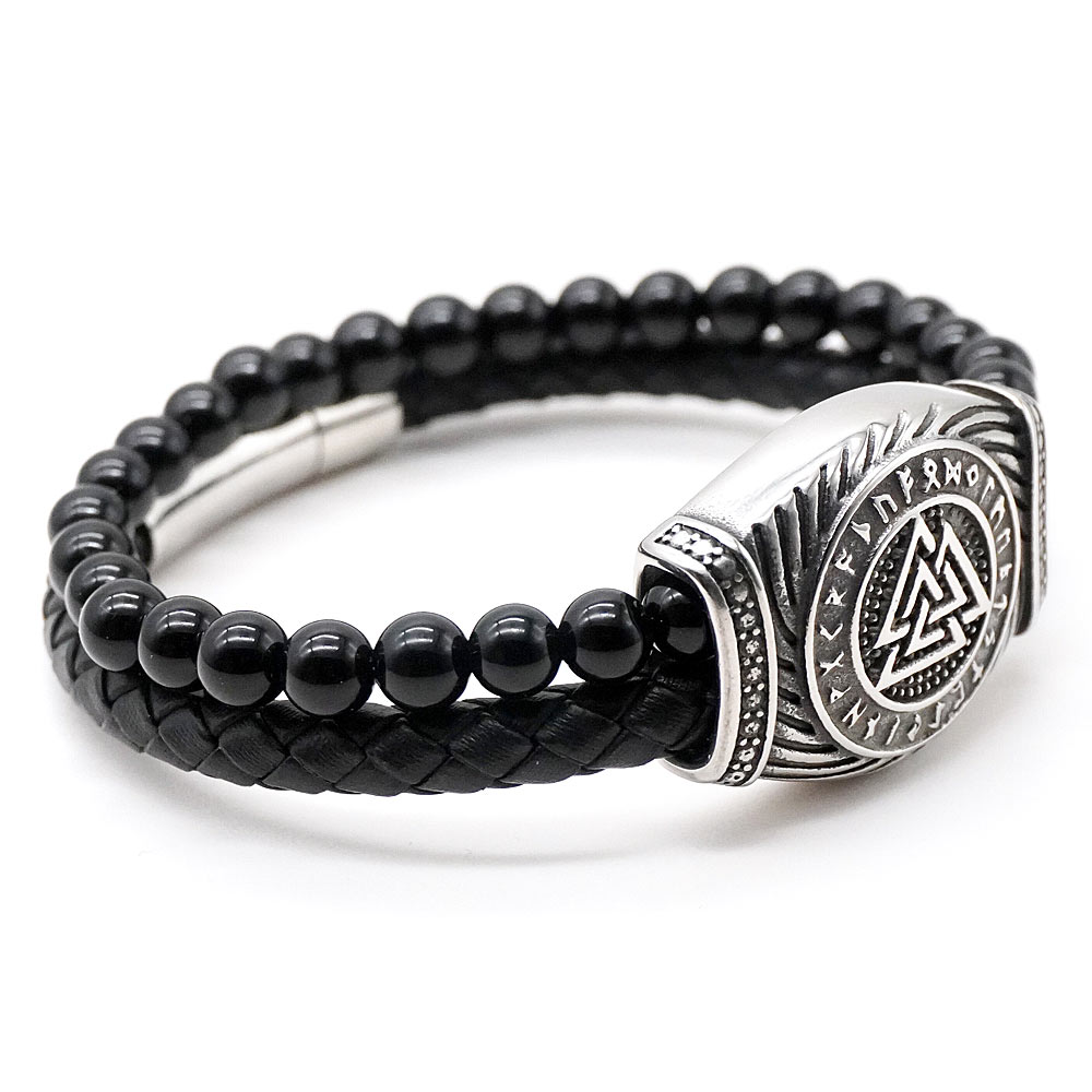 Браслет из черного оникса и кожи с магическим символом Валькнут