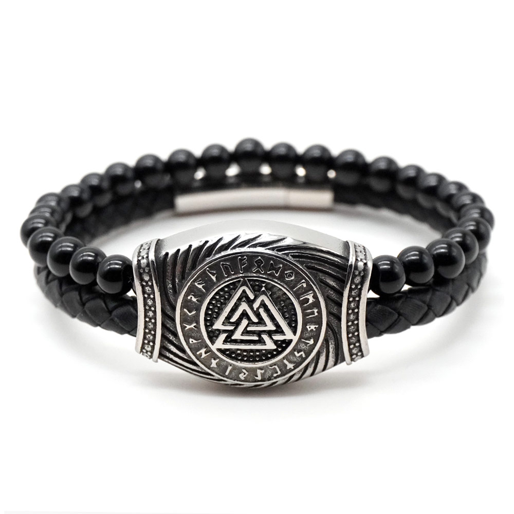 Браслет из черного оникса и кожи с магическим символом Валькнут
