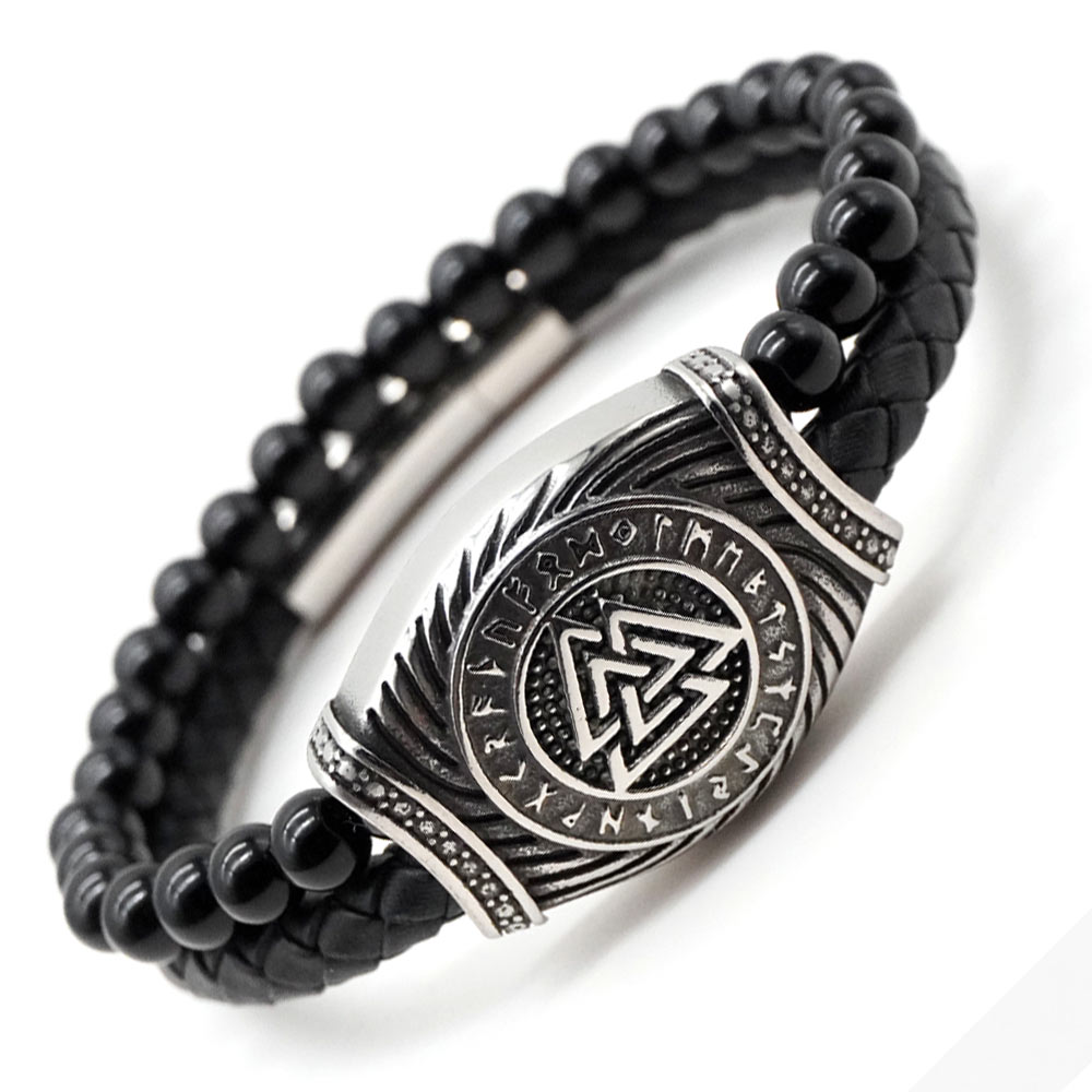 Браслет из черного оникса и кожи с магическим символом Валькнут